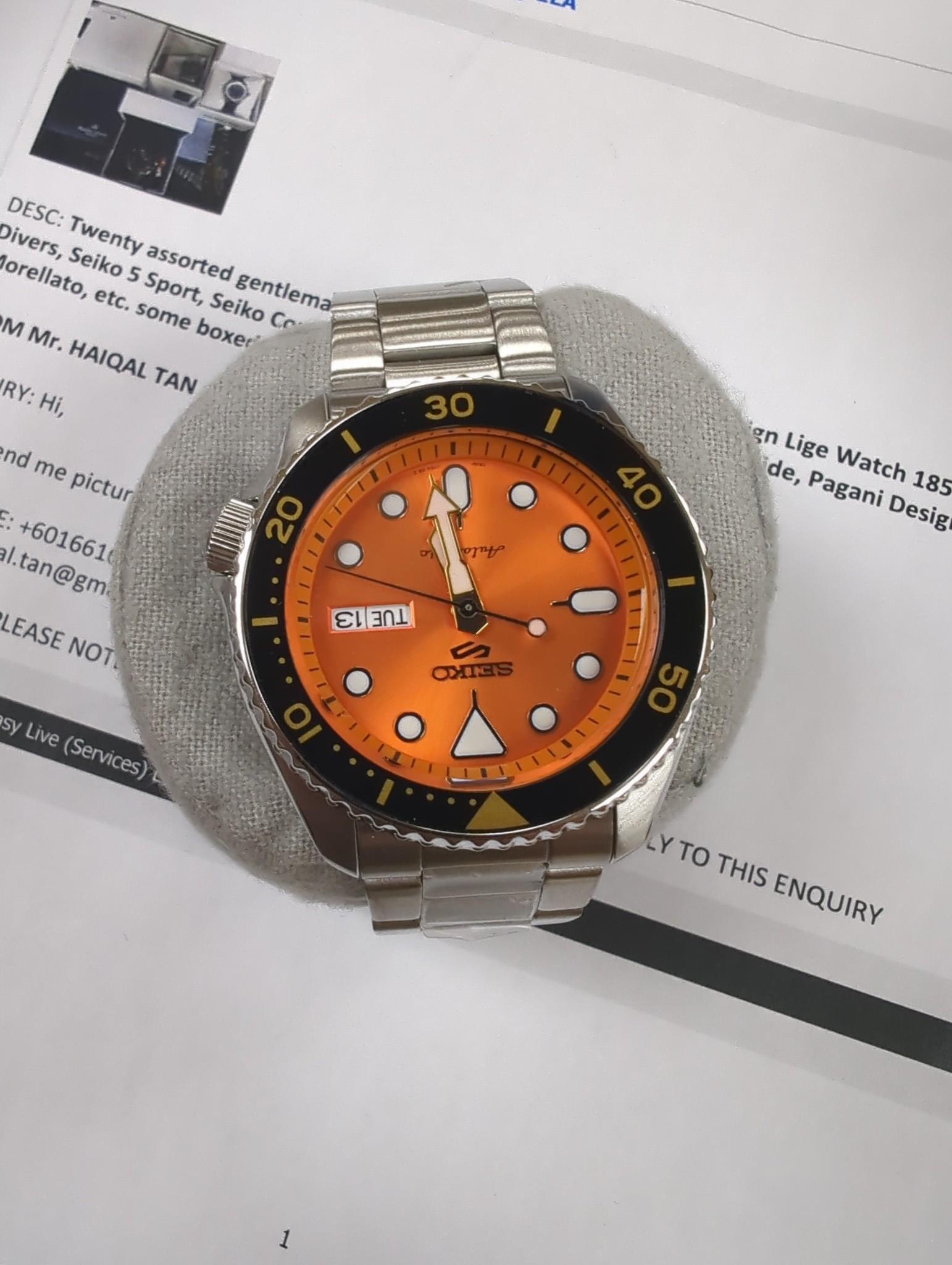 Twenty assorted gentleman's modern wrist watches including Design Lige Watch 1856, Seiko Automatic Divers, Seiko 5 Sport, Seiko Connoisseur quartz, Citizen Ecodrive, Casio Beside, Pagani Design, Maurice Lacroix, Morellat
